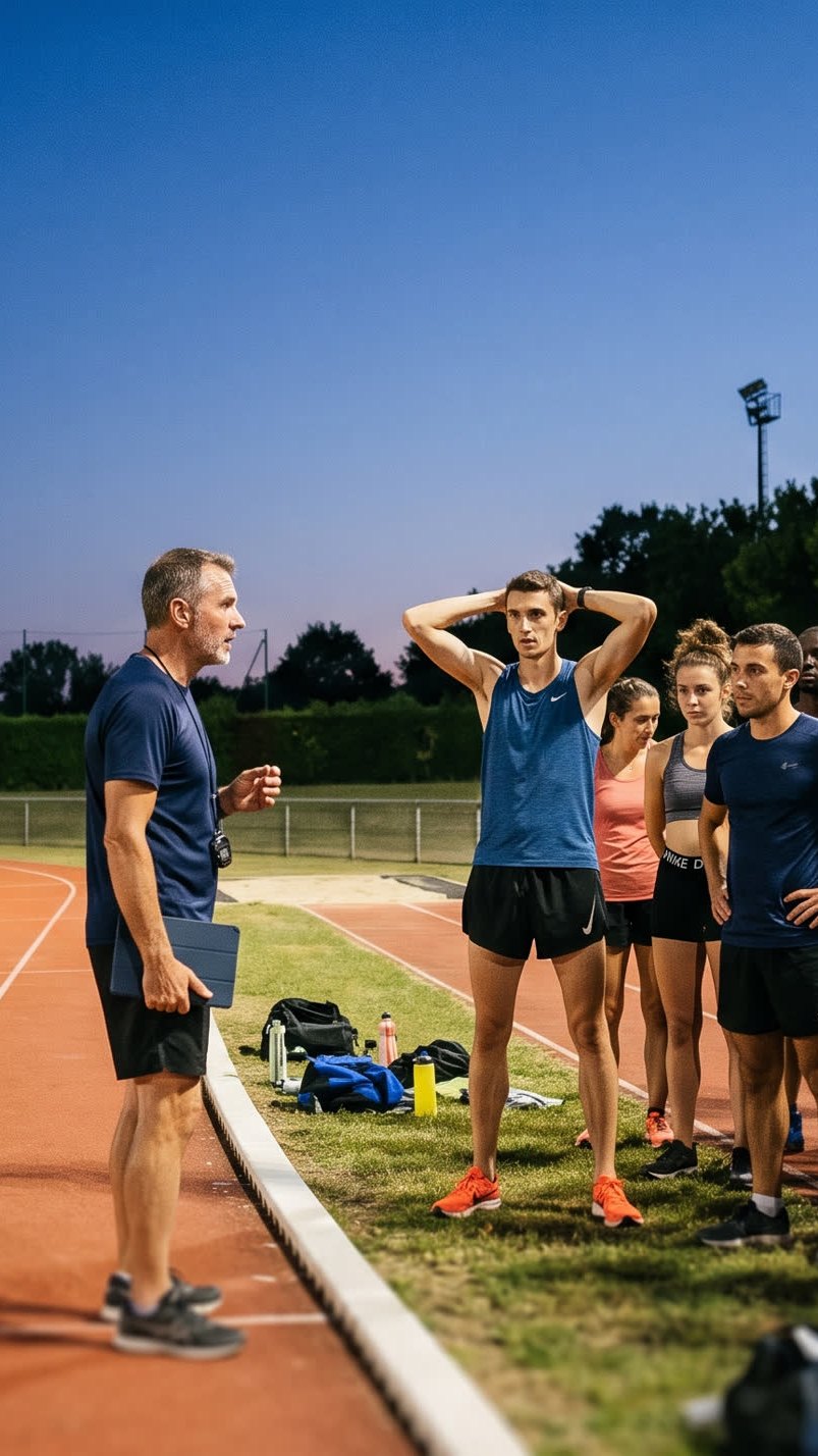 Entraîneur d'athlétisme briefant son groupe de coureurs en fin de séance sur une piste d'athlétisme, à la tombée de la nuit